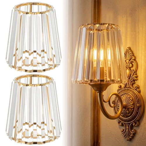 Image of Teenyyou 2 Pcs Gold Crystal Lamp Shade Elegant Ceiling Light Cover E26 /E27 Base 1.65 inch Top x 5.5 inch Dia. x 5.9 inch H Chandelier Lampshade Replacement for Bathroom Bedroom Living Room Hallway Wall Sconce