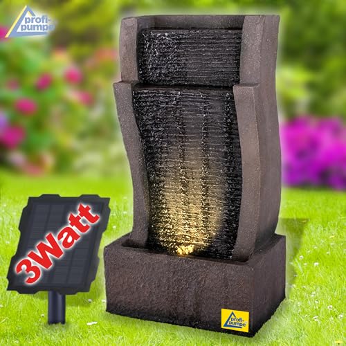Fontana solare da giardino, fontana decorativa, cascata, luce da giardino, pompa per laghetto per patio, balcone, con pompe, con batteria agli ioni di litio e luce LED (RHEIN-Gold)