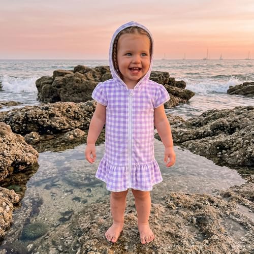 Image of Girls Hooded Terry Coverups One Piece Swimsuits Beach Stripe Trim Zip Up Fly Sleeve Swim Cover Up Swimwear