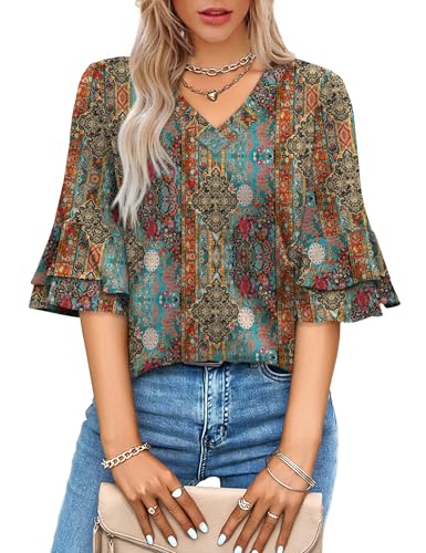 Image of OFEEFAN Spring Tops for Women Boho Shirts Fashion Clothing Cute 3 /4 Length Sleeve Blouses Dressy Casual Summer Outfits