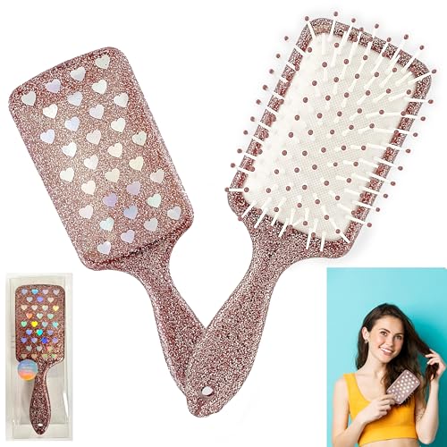 Rose Gold Glitter Paddle Hairbrush - 19.5cm Detangle & Blow Dry Hair Brush for Teens & Adults - Hearts Design, Travel-Friendly with Ultrasoft Bristles - Hair Styling Detangle Brush