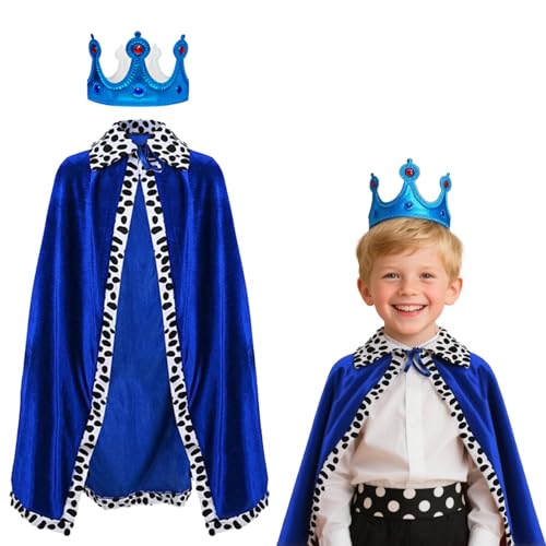 Zcbzbn Royal Blue Velvet King Cape & Crown Set for Kids - Medieval Prince Queen Costume - Halloween Carnival Cosplay Dress Up 80cm (Blue)