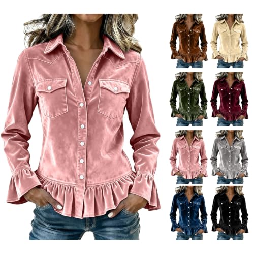 ENCURKUS Womens Velvet Long Sleeves Blouses Western Button Pocket Shirts - image 1