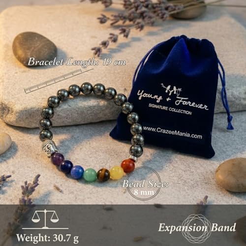 Image of Young & Forever 7 Chakra Healing Crystal Beads Bracelet for Men & Women - Natural Lava Rock & Onyx Stone Reiki Energy Yoga Meditation Bracelet with Hamsa Hand, Buddha, & Evil Eye Charms
