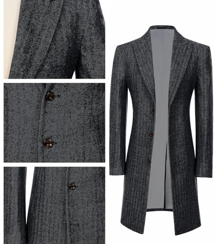 Mens Trench Coat Herringbone Wool Peak Lapel Single Breasted Long Slim Fit Pea Coat Business Suit Jacket for Men3