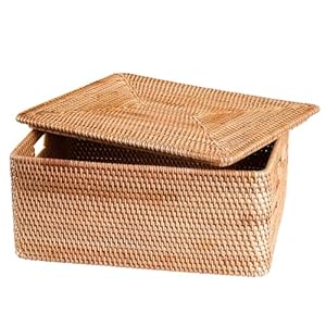 FIYAMMY Rattan Basket With Lid, Large Lidded Basket For Storage Square Rattan Box(11.81″ L×7.87″W×5.91″H)