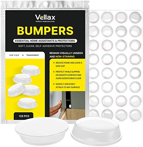 Vellax Cabinet Door Bumpers 128 Pcs - 1/2” Diameter Clear Self Adhesive Pads, Cabinet Stoppers, Rubber Bumpers for Drawers, Cupboards, Cutting Boards, Glass Tops, Picture Frames, Kitchen Furniture
