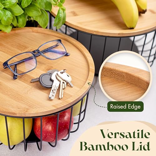 Fruit Basket for Kitchen Counter Set of 3 - Large Stackable Baskets with Bamboo Lid - Fruit Bowl, Perfect Holder For Fruits and Vegetable Storage -Keep Your Countertop Classy, Tidy and Slightly Fruity - Image 8