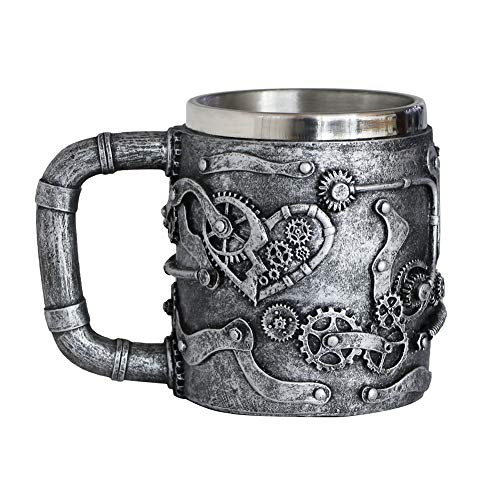 Steampunk Skull Beer Coffee Mug - Mechanical Gearwork Pipeline Beer Stein Tankard - Viking Drinking Stainless Steel Cup 14oz - Ideal Novelty Gift Themed Party Decoration