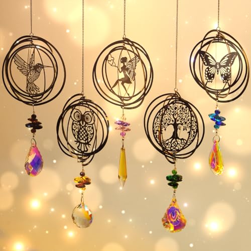 Sun Catcher Crystal Wind Chime, Pack of 5 Tree Owls Hummingbird Butterfly Fairy Crystal Pendant Decoration
