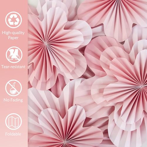 Image of SUNBEAUTY 9 PCS Pink and Cherry Blossom Party Decorations Pink Paper Fans Decor Sunset Party Floral Backdrop Decoration Hanging Paper Flowers for Wall Birthday Wedding Baby Shower Supplies