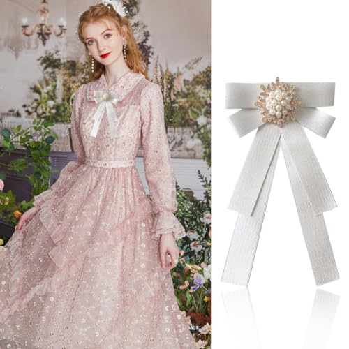 Image of Women Elegant Pearl Ribbon Bow tie Brooches Pin Jewelry Pre-Tied Collar Neck Tie Clip for Lady Girls Wedding Party