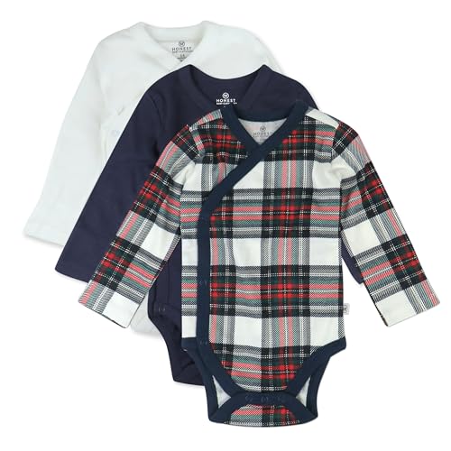 Image of HonestBaby Baby 3-pack Long Sleeve Side-snap Kimono Bodysuits Organic Cotton for Infant Baby Boys, Girls, Unisex