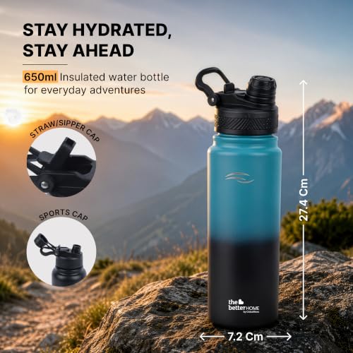 Image of The Better Home Explorer 650ml Dual Tone Insulated Water Bottle | 2 Caps | Hot 12 Hrs & Cold 16 Hrs | Leak Proof | Carry Handle | BPA Free | Gym Travel College