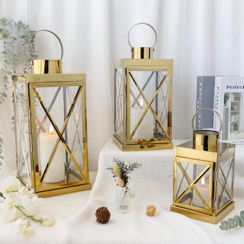 Image of TRIROCKS Gold Stainless Steel Lantern Set of 3-Square Elegance 8 /12 /16 Inch Opulent Metal Candle Lanterns Candle Holder with Tempered Glass for Home Garden Indoor Outdoor Decor Celebratory Everyday