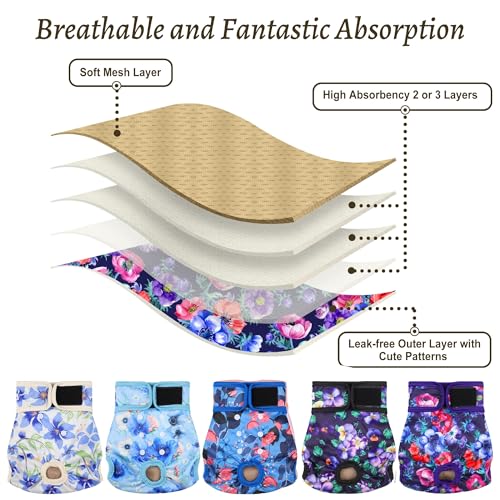 Image of Washable Female Dog Diapers (5 Pack) - Doggie Reusable Small Medium Large Dog Diapers for Doggy Puppy Female in Period - Highly Absorbent Dog Heat Panties,S Plus,Rose