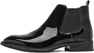 Men's Patent leather Low Block Heel Chelsea Boots Retro Pointed Toe Comfortable Elastic Band Slip On Water Proof Business Ankle Boots for Weddings Dances Dating Work