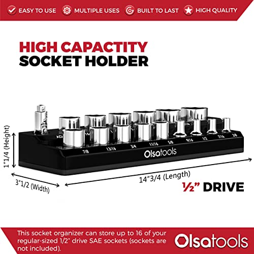 Image of Olsa Tools Magnetic Socket Organizer - 1 /2-Inch Drive SAE Socket Holder with Strong Magnets - Professional Tool Holder and Organizer - Stores up to 16 Sockets - Black - Part:1544