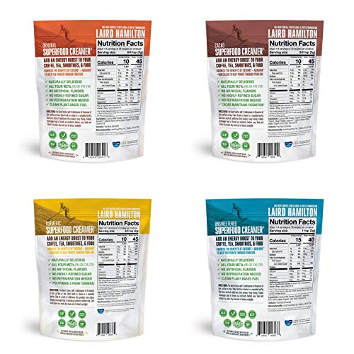 Image of Laird Superfood Coffee Creamer Sampler Pack | Non-Dairy | Organic | Gluten Free | Vegan | Paleo Diet Approved | Unsweetened, Original, Cacao and Turmeric- 8 Ounce (Pack of 4)