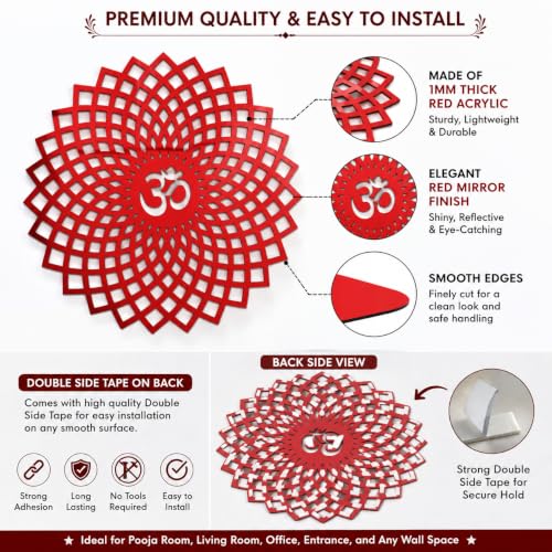 Image of Mandala Om 3D Acrylic Mirror Wall Sticker | Red Decorative Om Wall Art for Living Room, Hall, Bedroom, Kids Room, Home & Office | Self-Adhesive Spiritual Mirror Wall Decor