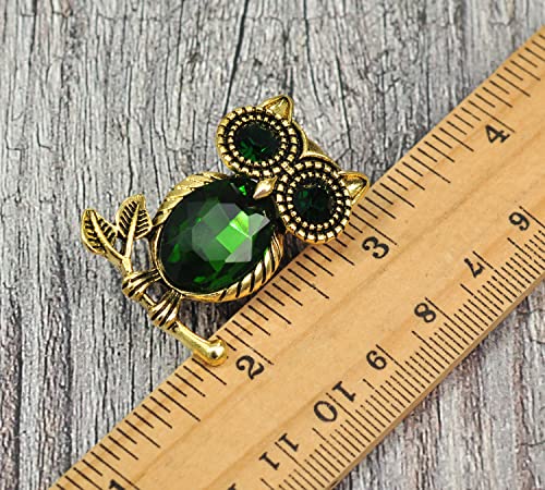 Image of Gyn&Joy Golden Tone Emerald Green Colored Crystal stone Owl Bird Brooch Pin