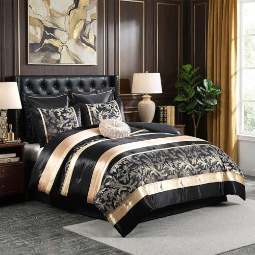Image of CozyDH Black Gold Comforter Set Queen - 7 Piece Luxury Jacquard Silky Bed in a Bag, Vintage Floral Striped Damask, All-Season Down Alternative Bedding with Bed Skirt, Shams, Decorative Pillow