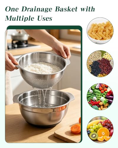 Image of Colanders & Food Strainers,Stainless Steel Colander,2 Pcs Kitchen Strainers with Mixing Bowl for Pasta, Rice, Vegetables,Dishwasher Safe Metal Colander with Handles,Kitchen Gift (primary colour, 5QT)