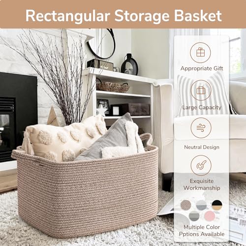 Image of Goodpick Large Woven Rope Blanket Basket, Rectangle, Brown, 75L | 21.6'' x 14.9'' x 11.8'' Storage Basket for Blankets, Toys & Clothes, Living Room & Nursery Organization, Reinforced Handles