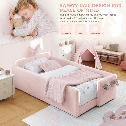 Image of Twin Size Bed Frame for Kids, 83 inch Upholstered Daybed Montessori Platform Floor Bed W /Safety Rails & Storage Pocket Cute Rabbit Ear Shaped Headboard for Girls Boys, Pink