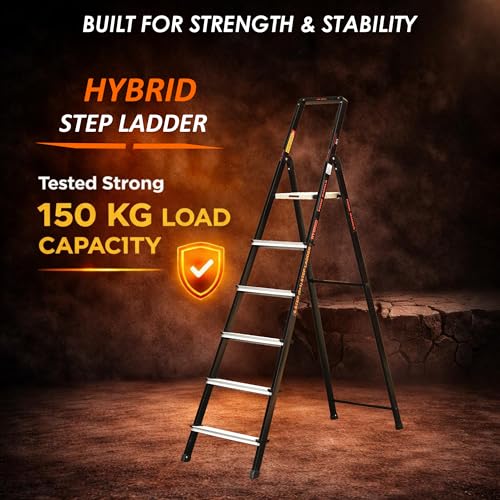 Image of Prime Magnus 6-Step Hybrid Step Ladder | Steel Frame + Aluminium Steps | Heavy Duty Ladder for Home | Anti-Skid Platform | 150 KG Load Capacity | 5 Year Warranty | Made in India | Black & Silver