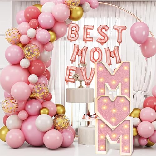 Image of Mother's Day Decorations LED Letter Lights, 4 Feet Tall 'MOM' Marquee Letters Lights Large Heart Sign for Mother's Day Wall Deor Birthday Party Decorations Supplies, Pink