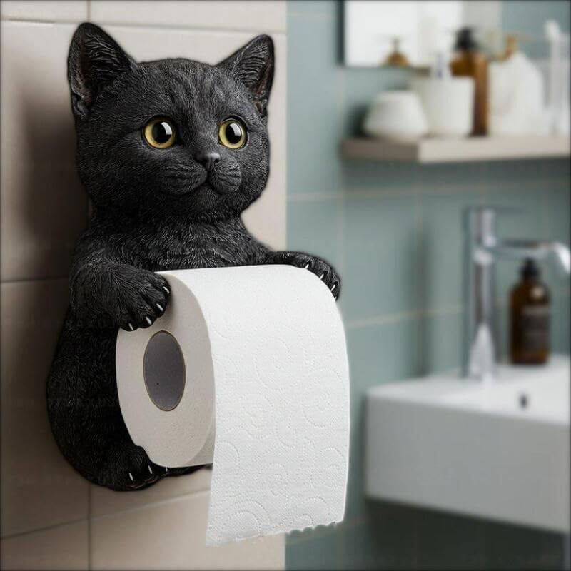 Realistic Cat Paper Holder, 3D Resin Cats Sculpture Toilet Roll Holder for Cat Lovers for Home Bathroom Decor (H)
