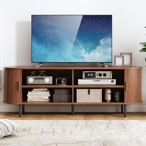Image of 63 inch Fluted TV Stand with Power Outlet, Modern Media Console with Sliding Doors, Entertainment Center for TVs up to 60 Inch, Adjustable Shelves, Walnut