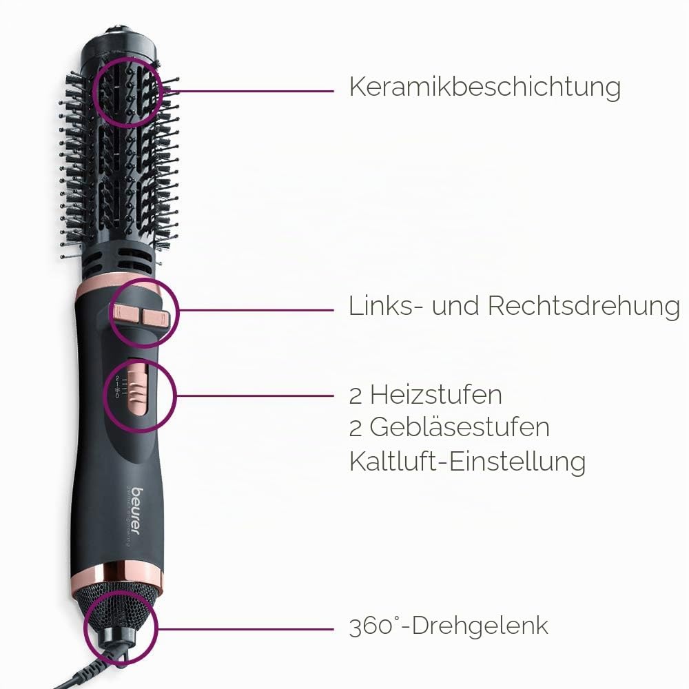 Beurer HT80 rotierende Heißluft-Stylingbürste | für Volumen und glatte Wellen | Integrierte Ionenfunktion | 2 Bürstenaufsätze | 2 Wärme- und Geschwindigkeitsstufen | Rechts- und Linkslauf