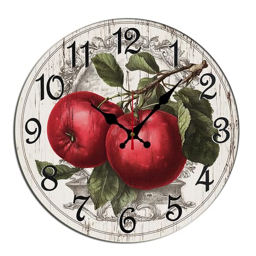 Horienteeon Reloj de pared de frutas de manzana, de madera, decorativo, para escritorio, cocina, decoración decorativa, funciona con pilas, para sala de estar, dormitorio, baño, casa de campo, redondo