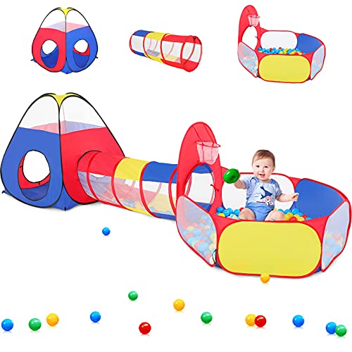 Image of PigPigPen 3 in 1 Kids Play Tent with Play Tunnel, Ball Pit, Basketball Hoop for Boys & Girls, Toddler Pop Up Playhouse Toy for Baby Indoor /Outdoor, Gift for Year Old Child (Colorful 3pc Play Tent)