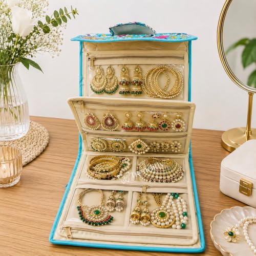 Image of Trendifly Foldable Multipocket Jewellery Organizer Suitcase for Women Embroidery Design Travelling Jewelry Bag 5 Transparent Pockets Earrings Necklace Bangles Rings Girls Aqua Green