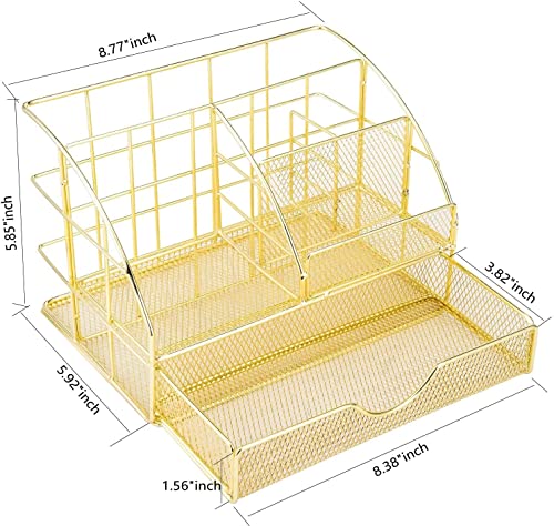 Image of iwilon Desk Organizer with Drawer | Metal Mesh Multipurpose 6 Compartment Storage Holder | Stationery, Makeup, Office Supplies Organizer (Gold) (22.3X15X14.9 CM)