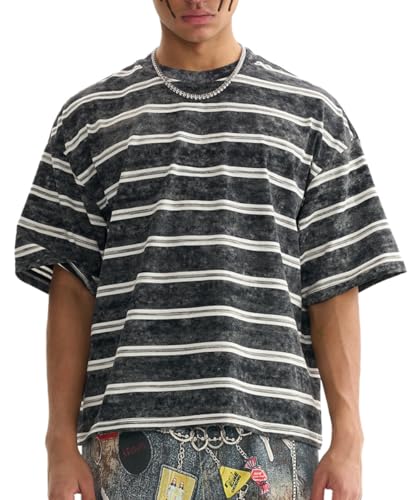 Men's Vintage Y2K Striped Short Sleeve T-Shirt Loose Fit Crewneck Summer Tee Baggy Color Block Summer Tops