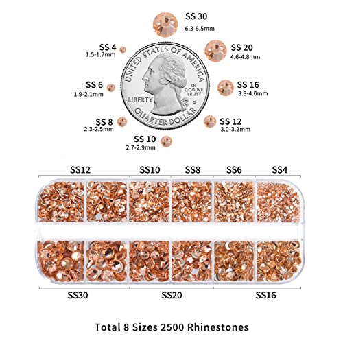 Image of Beadsland Rhinestones for Makeup,8 Sizes 2500pcs Champagne Flatback Rhinestones Eye Gems for Nails Crafts with Tweezers and Wax Pencil,Light Peach,SS4-SS30