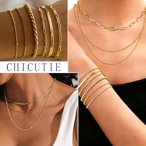 Image of CHICUTIE Gold Jewelry Set For Women,14k Gold Plated Multi Layer Necklaces Bracelets Hoop Earrings Set Stackable Knuckle Rings, Trendy Elegance Charms Non Tarnish Minimalist Textured Boho Jewelry Gift
