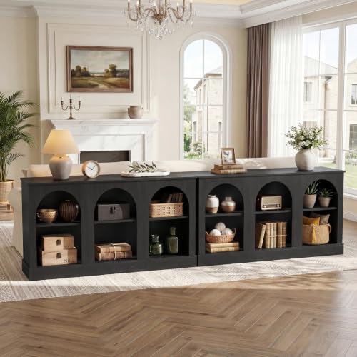 Image of Tribesigns Farmhouse Console Table Set of 2, Extra Long Entryway Table with 3 Tier Storage, Wooden Rectangular Sofa Table Behind The Couch for Entrance, Hallway, Living Room, Black