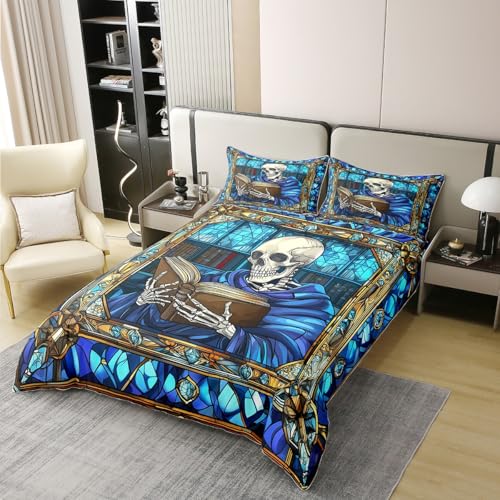 Parure de lit 100% coton motif squelette bleu et finitions géométriques de qualité