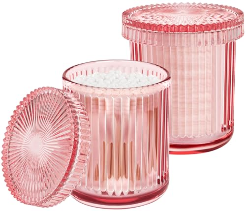 MKOSAB 2 Pack Qtip Holders for Bathroom, Clear Glass Apothecary Jars with Lids,Vintage Bathroom Canisters for Cotton Balls,Swabs,Floss Picks,Hair Ties,Vanity Organizer and Storage Decor (Pink)