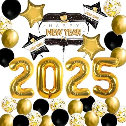JOJO FLY New Years Eve Party Decorations Kit, Gold 2025 Balloons, Happy New Year Foil Balloons, Black and Gold Balloons Set, Gold Star Mylar Balloons, New Years Eve Party Supplies 2025 Cover