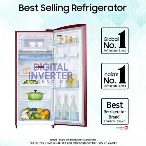 Image of Samsung 183 L, 2 Star, Digital Inverter, Direct-Cool Single Door Refrigerator (RR20C11C2RH /HL, Scarlet Red)