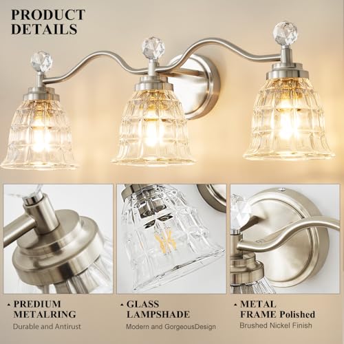 Image of Brushed Nickel Bathroom Light Fixtures Modern Vanity Lights with Crystal Shades, 3 Light Bathroom Vanity Light Wall Sconce Lighting for Bath-Room Ladies Room, Powder Room