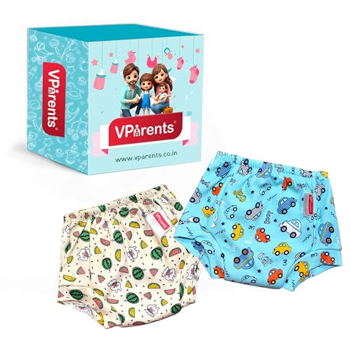 Image of VParents Padded Underwear for Babies and Toddlers with 3 Layers of Cotton Padding Potty Training Pull Up & Diaper-Free Time (3-4 Years) Pack of 2 Fruit & Car Multicolour
