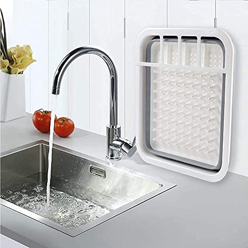 Image of Collapsible Dish Drainer /Dish Drying Rack with Spoon Storage Holder Utensil Dinnerware Travel Organizer - Heavy Duty Plastic & Silicone (PP + TPE) - Dishwasher Safe for Easy Cleaning