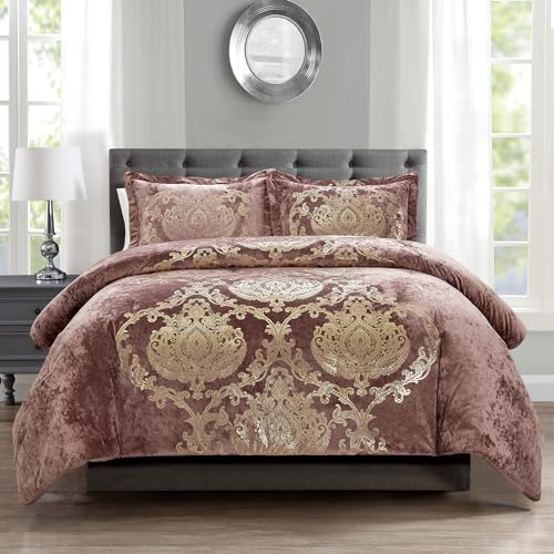 Sunshine Nicole Metallic Print Comforter Set, Distressed Velvet Face with Metallic Foil Print and Brushed Solid Microfiber Reverse, with Light Weight Soft Poly Fill, 3 Pieces Dusty Mauve Gold, King